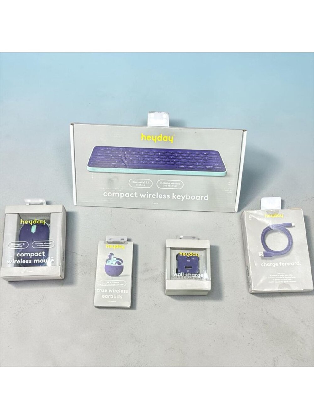 Heyday Electronics Bundle: Wireless Keyboard, Mouse, Earbuds, Wall Charger & 6ft